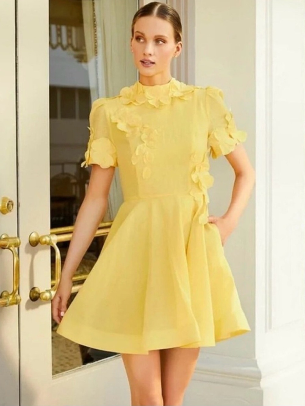 NWT ANTONIO MELANI Yellow Floral-Appliqué Mini Dress